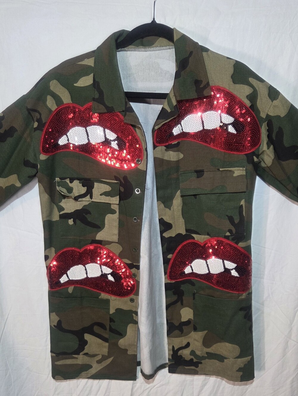Camo Jacket with Red Sequin Lips - Picture 6 of 10